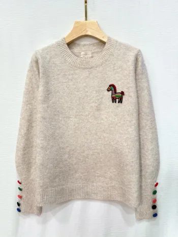 Pull beige bouton logo cheval laine