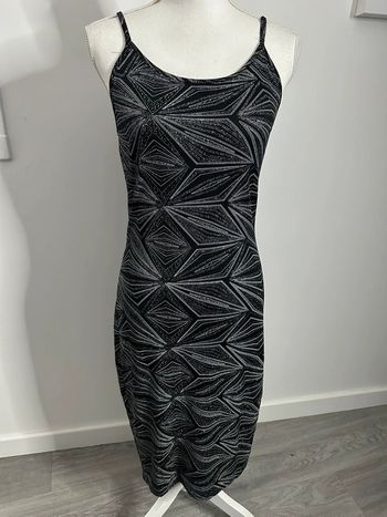 Robe longue géométrique noire et argentée Vintage T38 M