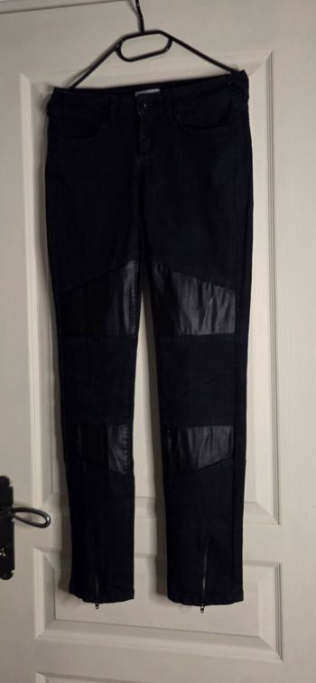 PROMOD – Pantalon Biker Noir & Bleu Foncé – T36 – Effet Cuir & Zips