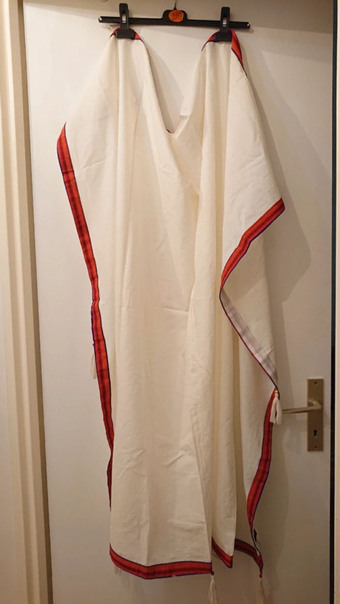 Foutas /drap de plage blanc bord orangé et perles 100% coton