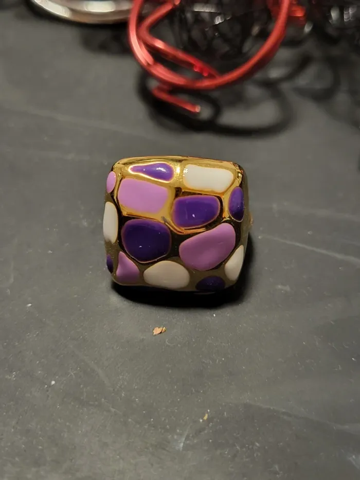 Bague carrée vintage en acier inoxydable à pois prune ajustable