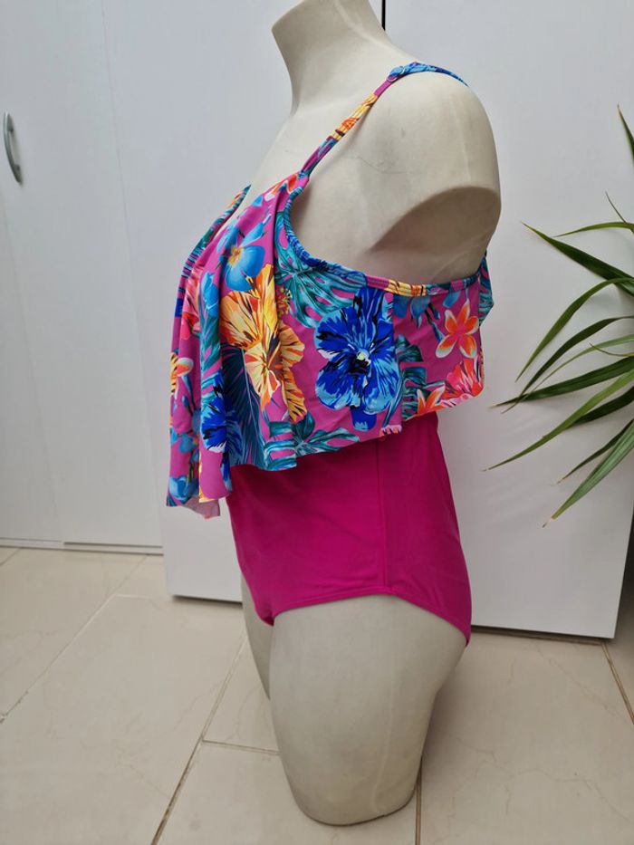 Maillot De Bain Une Piece Fuchsia Volants Imprimé Fleurs Hibiscus - photo numéro 5