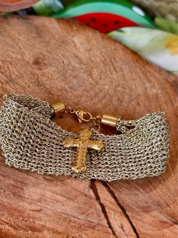Bracelet manchette large fils tissés or réglable croix et chaîne acier inoxydable or