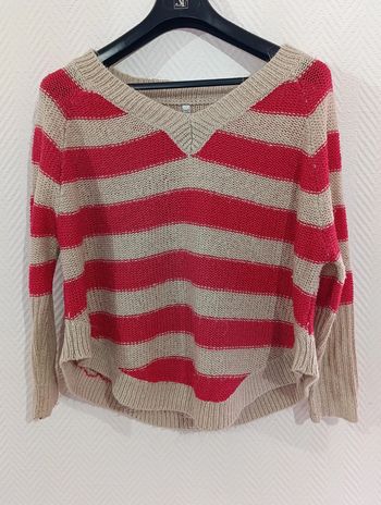 Pull mailles taille unique framboise et beige