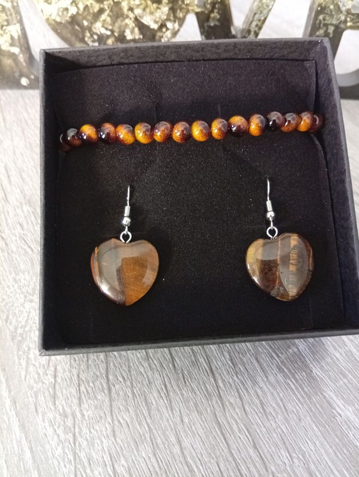 Joli ensemble boucles d'oreilles+bracelet pierre naturelle oeil du tigre - photo numéro 3