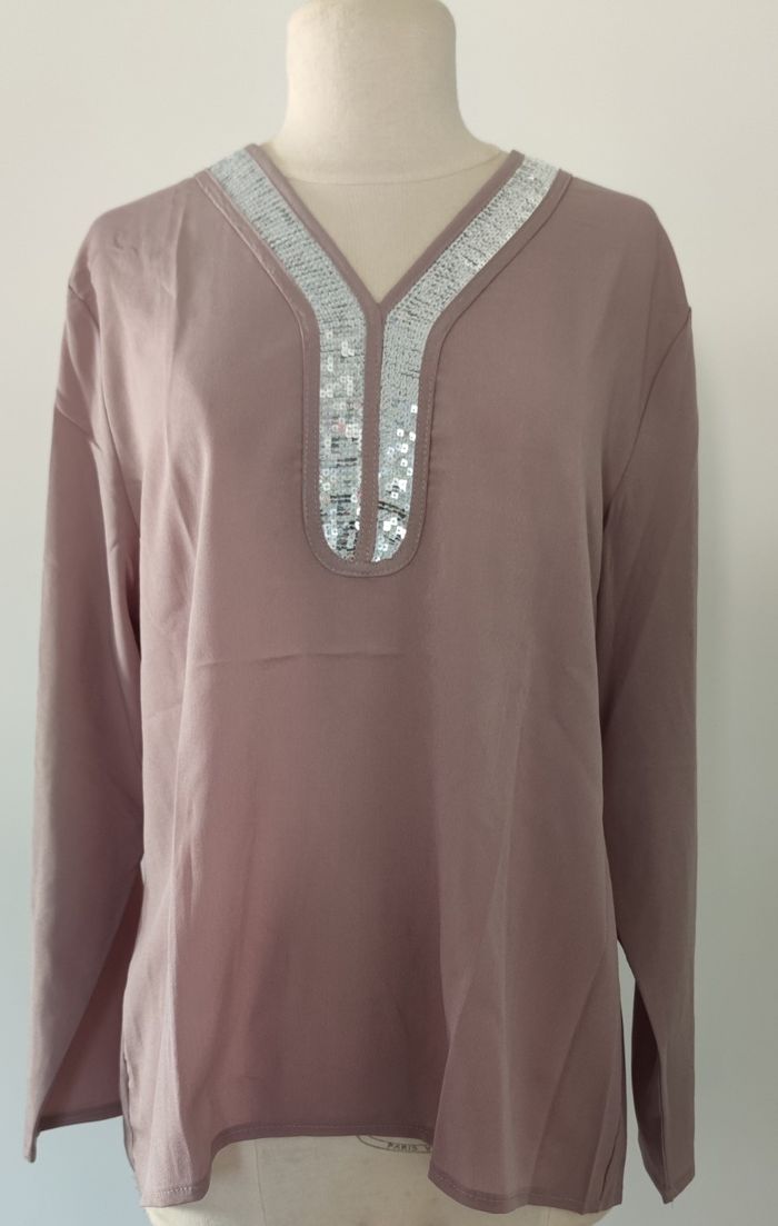 💜 Blouse ample Mauve Poudré - Encolure V Paillettes Argentées - T.XXL