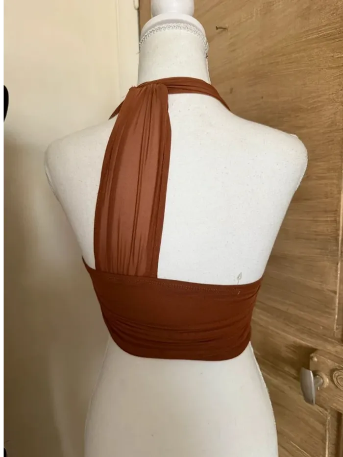 Top court halter effet bustier - Taille XS - Couleur rouille/terracotta - photo numéro 2