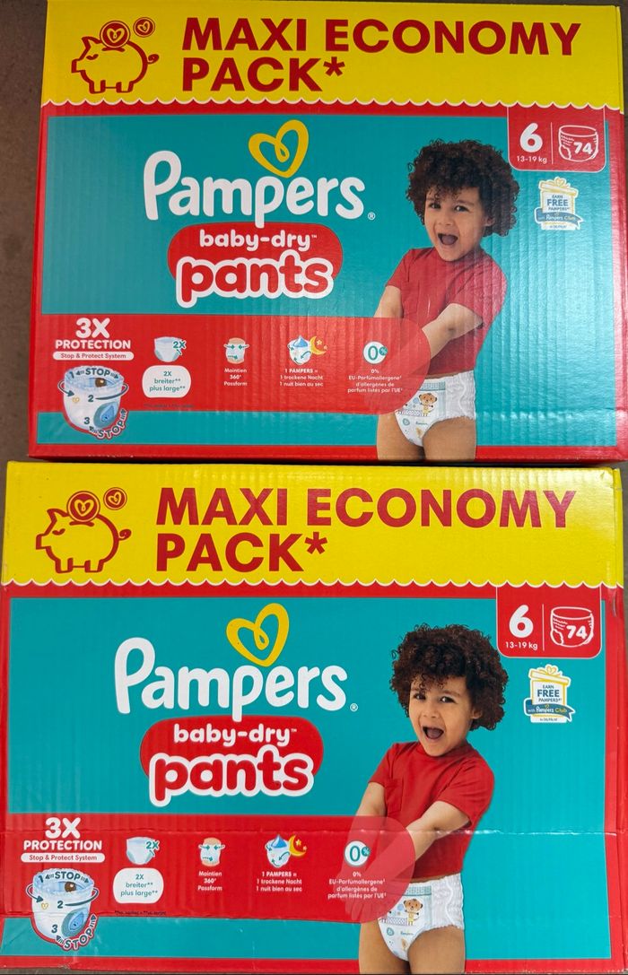 2 paquets de 74 couches Pants Pampers Baby Dry Taille 6