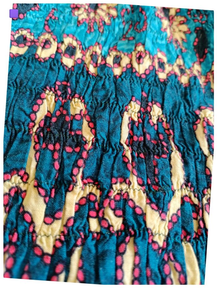 Rare vintage Haut smocké imprimé bleu et rose – Rayon festival motif old school piece unique - photo numéro 2