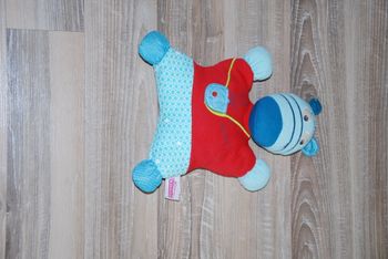 Doudou Pommette carré Zèbre Âne Cheval Semi Plat Bleu Rouge Poche Sac Lapin hauteur 25 cm bon état f