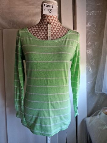 Tee-shirt, vert à rayures blanches, en coton, en très très bon état, longueur 64cm, marque Tissaïa =