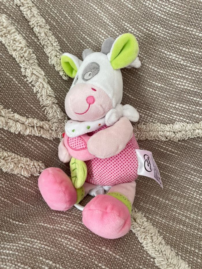 Peluche doudou musical 26cm mots d’enfants vache rose et blanche très bon état - photo numéro 2