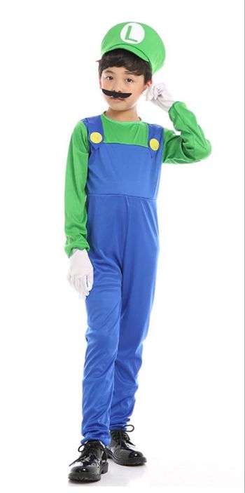 Deguisement Luigi + chapeau + moustache + gants Taille 5-6ans