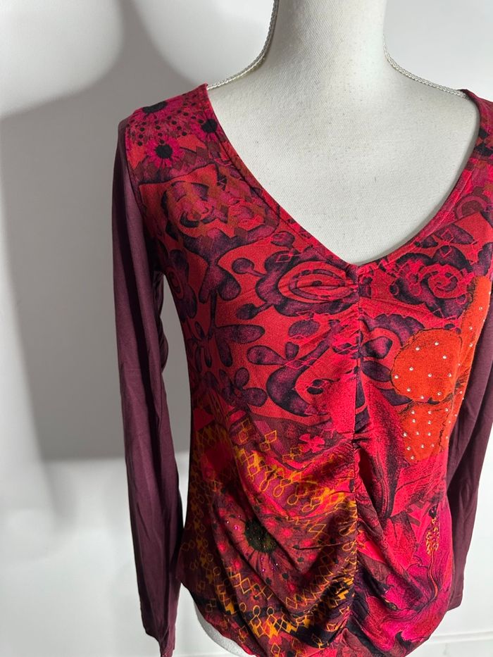 Blouse bariolée bordeaux et rouge Desigual T36 S