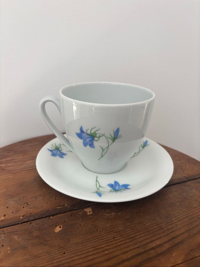 Superbe tasse et sa soucoupe fleurs bleues porcelaine de Limoges Singer