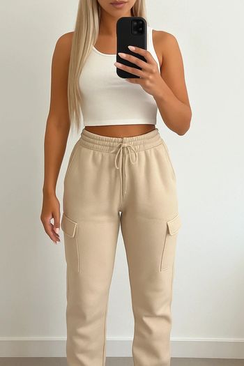 🩷 Pantalon cargo beige/crème taille haute taille Xs.
