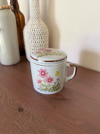 Tisanière en grès mouchetés avec motifs fleurs - Vintage