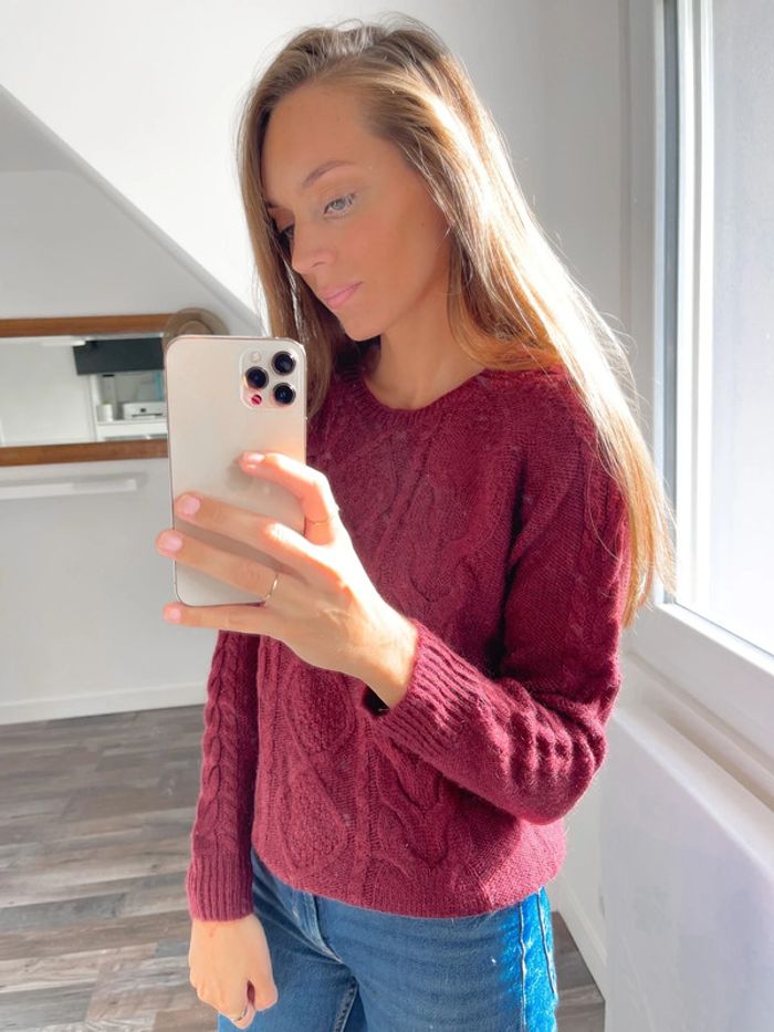 Pull H&M bordeaux maille torsadée - photo numéro 2