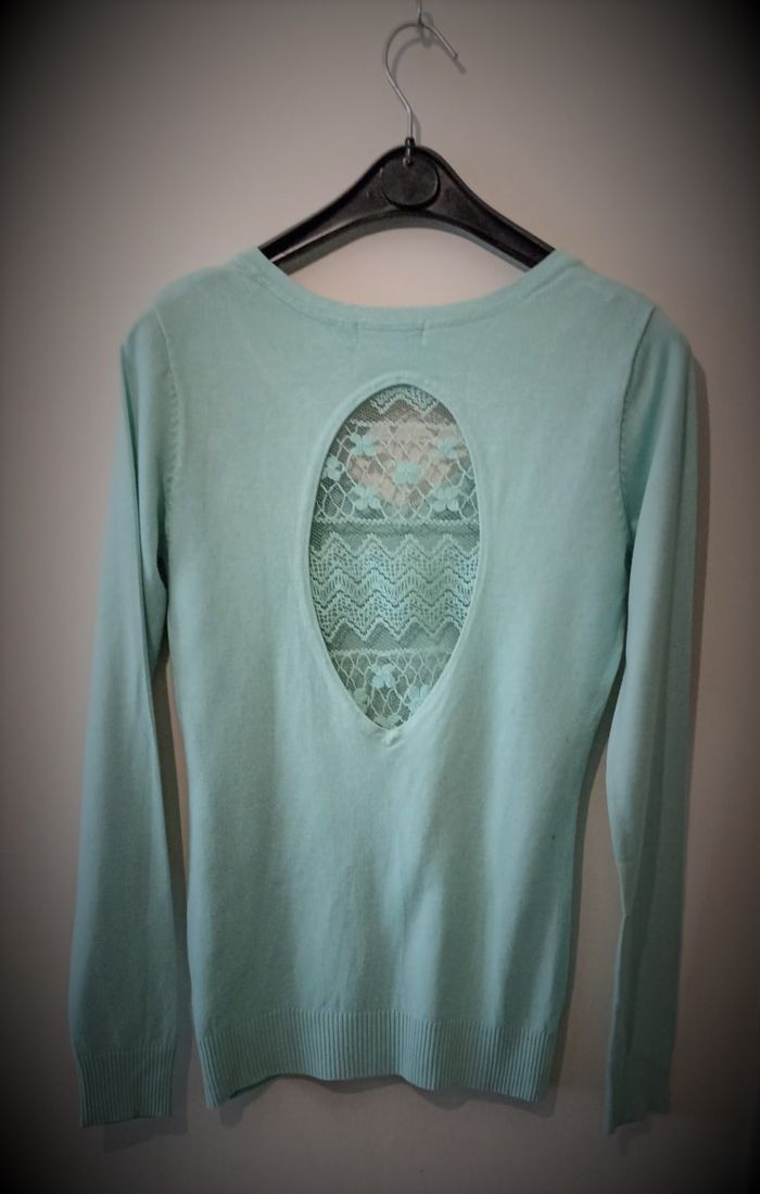 Magnifique Pull Vert d'Eau avec Dos Dentelle Original - photo numéro 4
