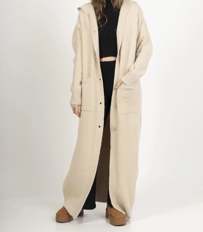Cardigan Long-Gilet ivoire en Grosse Maille avec Capuche et Poches