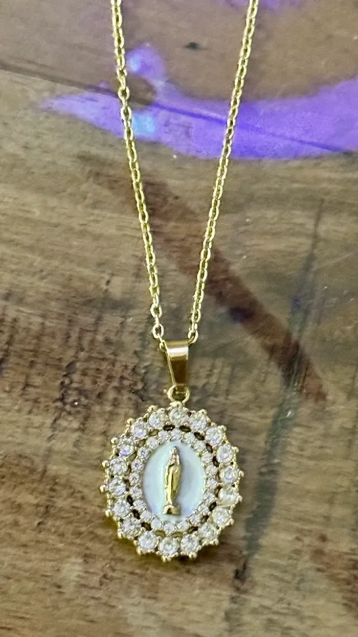 Collier chaîne réglable acier inoxydable or médaille vierge cristaux - photo numéro 5