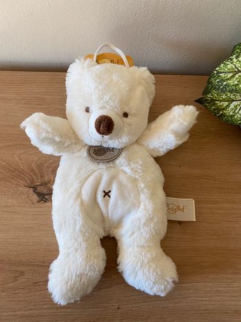 Doudou peluche ours blanc croix ventre nez marron baby nat neuf