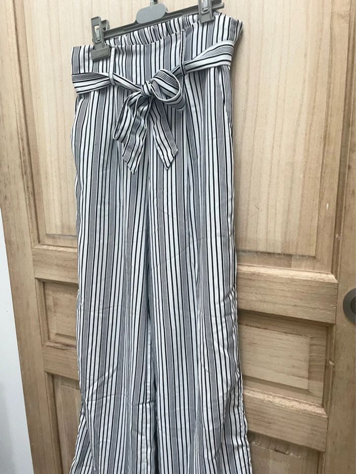 Pantalon fluide large à rayures avec ceinture nouée – Taille haute XS - photo numéro 2