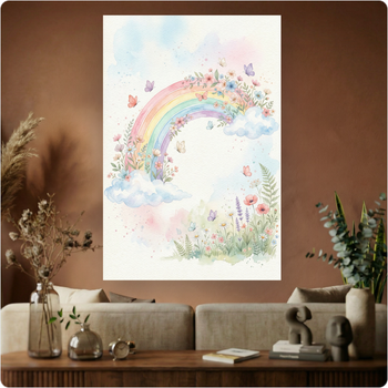 Affiche arc-en-ciel aquarelle "Arc-en-ciel Fleuri" déco murale enfant A3 Sans cadre