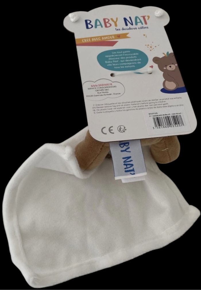 ❤️B5028 Doudou Ourson Ours Baby Nat Babynat Marron Mouchoir Blanc Babynat - photo numéro 2