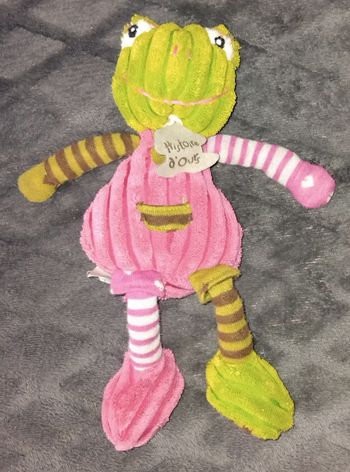 Doudou peluche grenouille verte - barboteuse rose - Histoire d ours