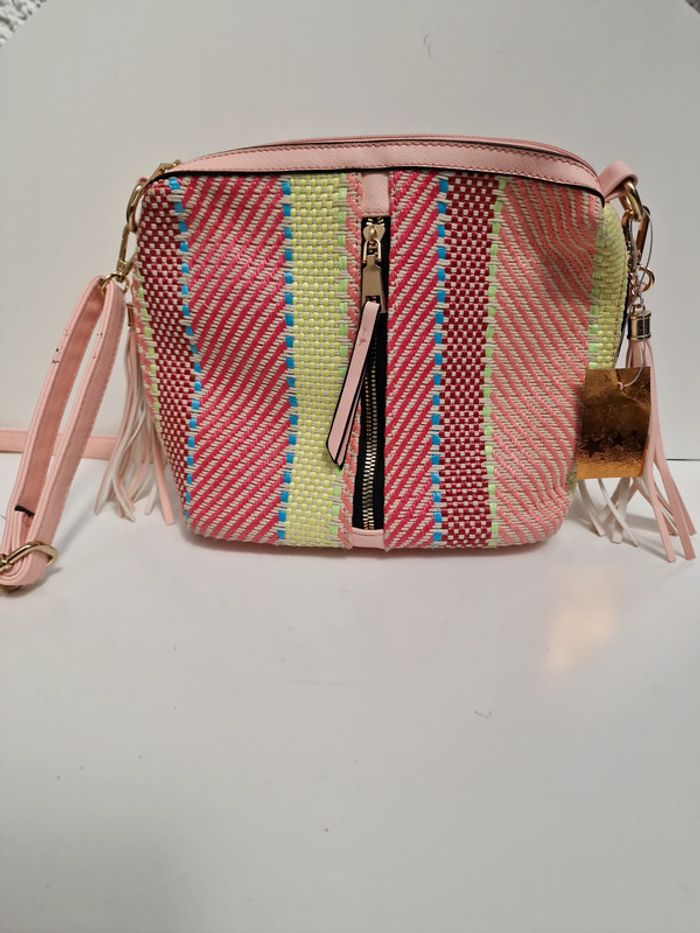 Sac Bandoulière Tressé Multicolore Pompons Franges Roses - photo numéro 7