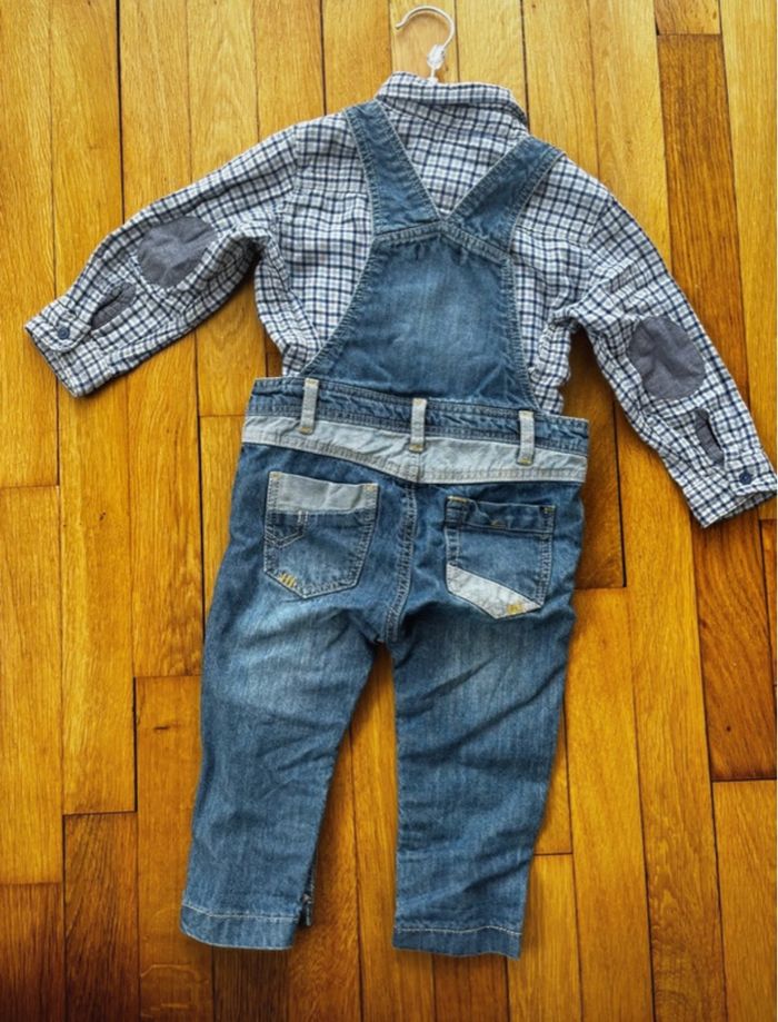 Ensemble salopette en jean / chemise manches longues - H&M et In extenso - 12 mois - photo numéro 2