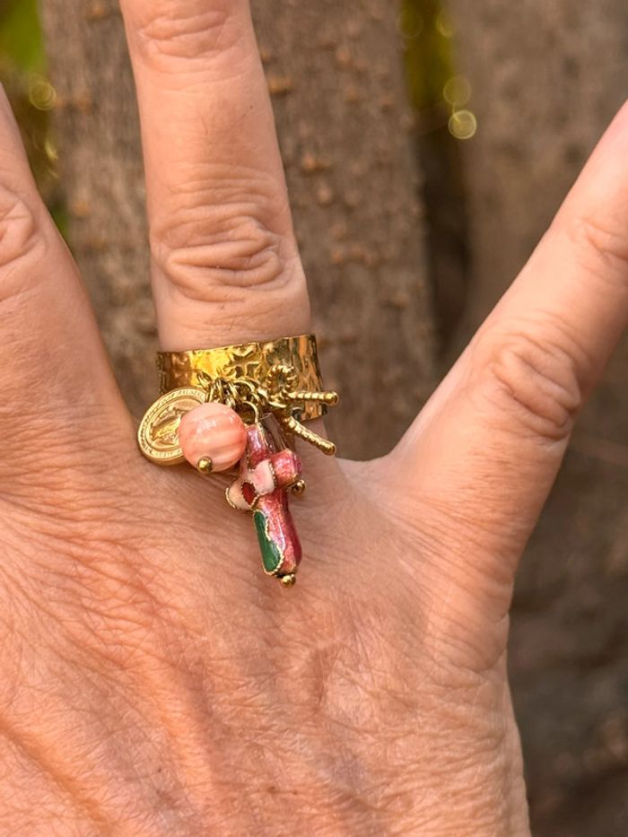Bague habaha Paris large réglable croix porcelaine médaille vierge noeud perle  pierre - photo numéro 2