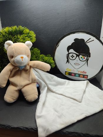 Doudou plat ours marron Blanc Beige Cajou mouchoir noeud bleu étoile Ancien