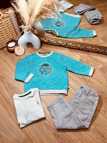 Taille 18 mois ensemble 3 pièces garçon Obaibi bleu turquoise et gris * mer * 💙