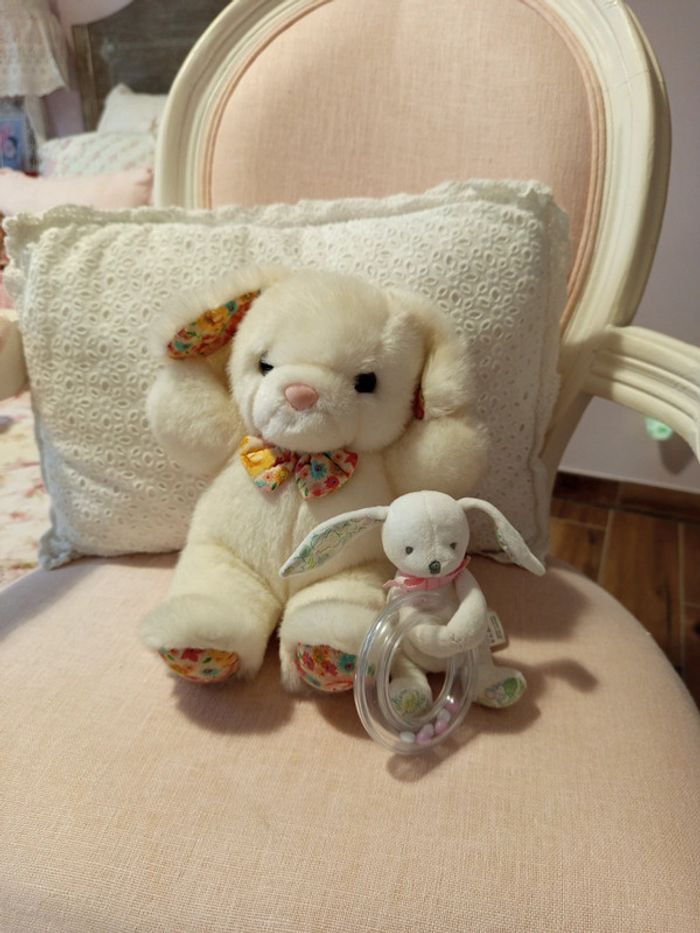 Lot peluche et hochet lapin détail liberty (Jacadi et autre)
