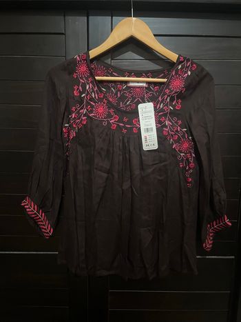 Blouse marron brodé manches 3/4 - taille 36 - neuf avec étiquette