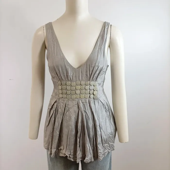 Haut fluide Kookaï gris perle détail plastron rondes T40 col plongeant A1578