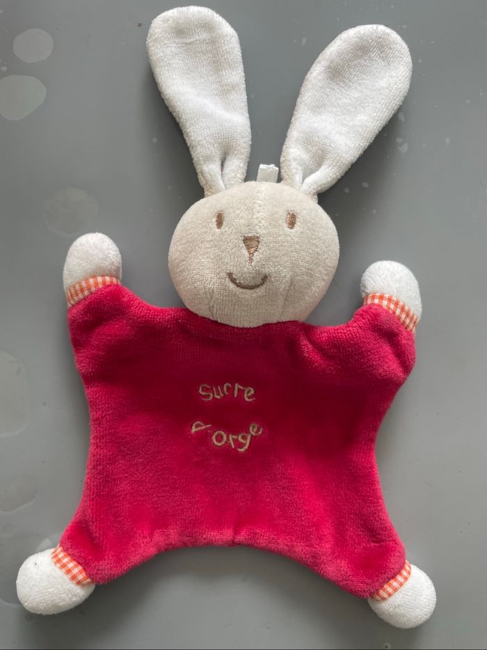 Petit doudou lapin Sucre d'Orge rouge et blanc très bon état - photo numéro 6
