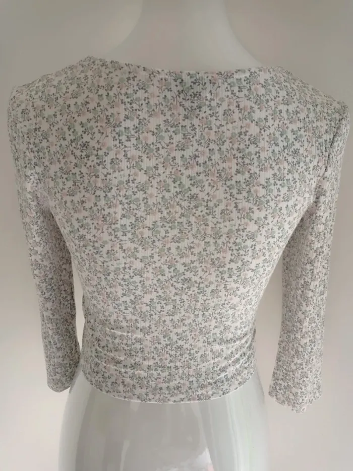 Haut court crop top fleuri blanc manches trois quart T.M Jennyfer - photo numéro 3