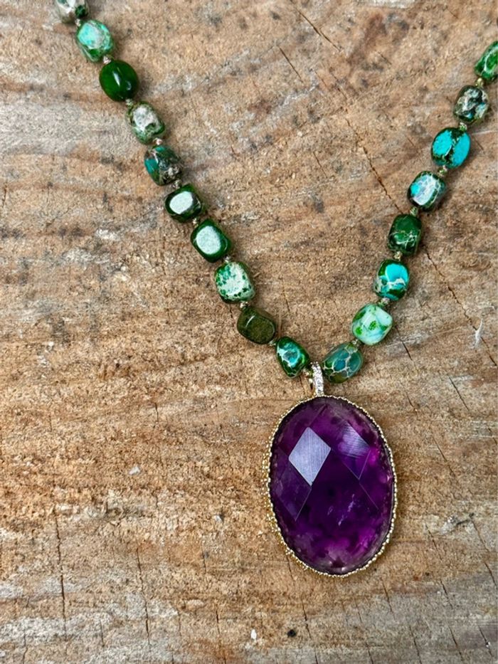 Gros collier réglable pierres malachites pendentif améthyste acier inoxydable or habaha Paris - photo numéro 3