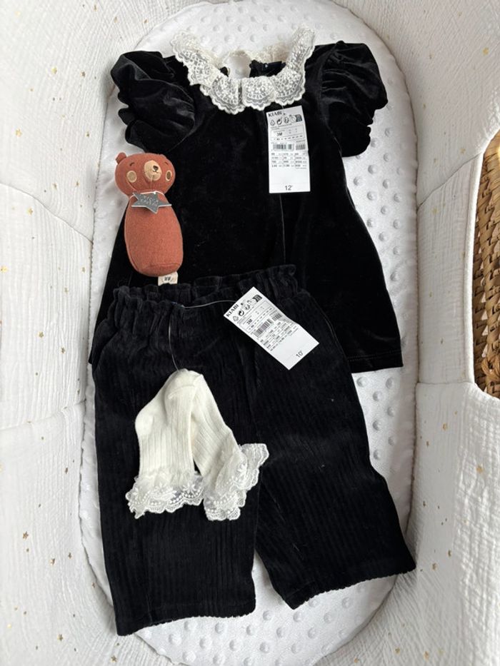 Ensemble noir velours et dentelle fille