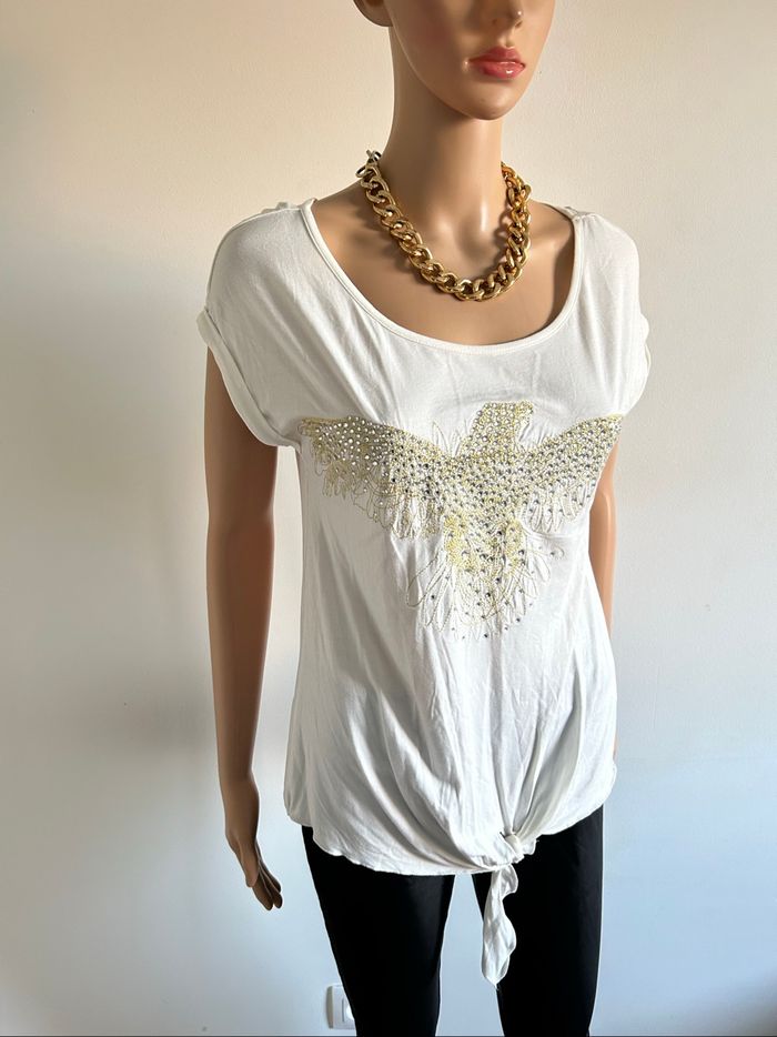Teeshirt blanc écru neuf avec strass Morgan taille XS (valeur 35€) - photo numéro 2