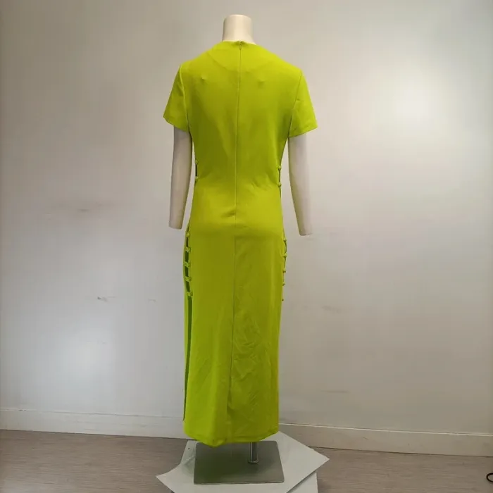 Robe longue moulante insipiration japonaise ouverte côtés - Zara - Vert anis - M - Soirée A275 - photo numéro 2