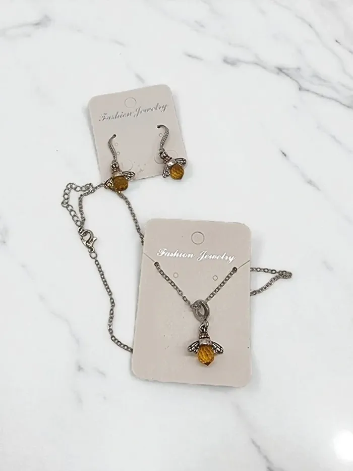 Parure collier + boucles d'oreilles argenté * abeille * - photo numéro 5