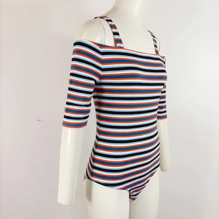 Body à rayures épaules dénudées multicolore bleu blanc orange style marin épaules nues taille S A551 - photo numéro 5