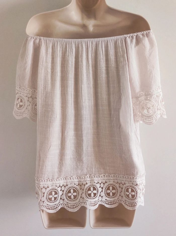 Top épaule dénudé blanc rose pastel dentelle fleur Vintage - 36/S à 42/XL - photo numéro 11