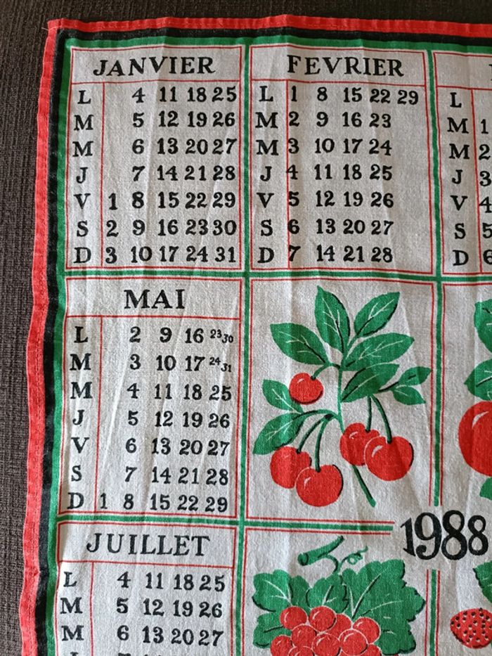 Torchon vintage calendrier 1988 - photo numéro 3