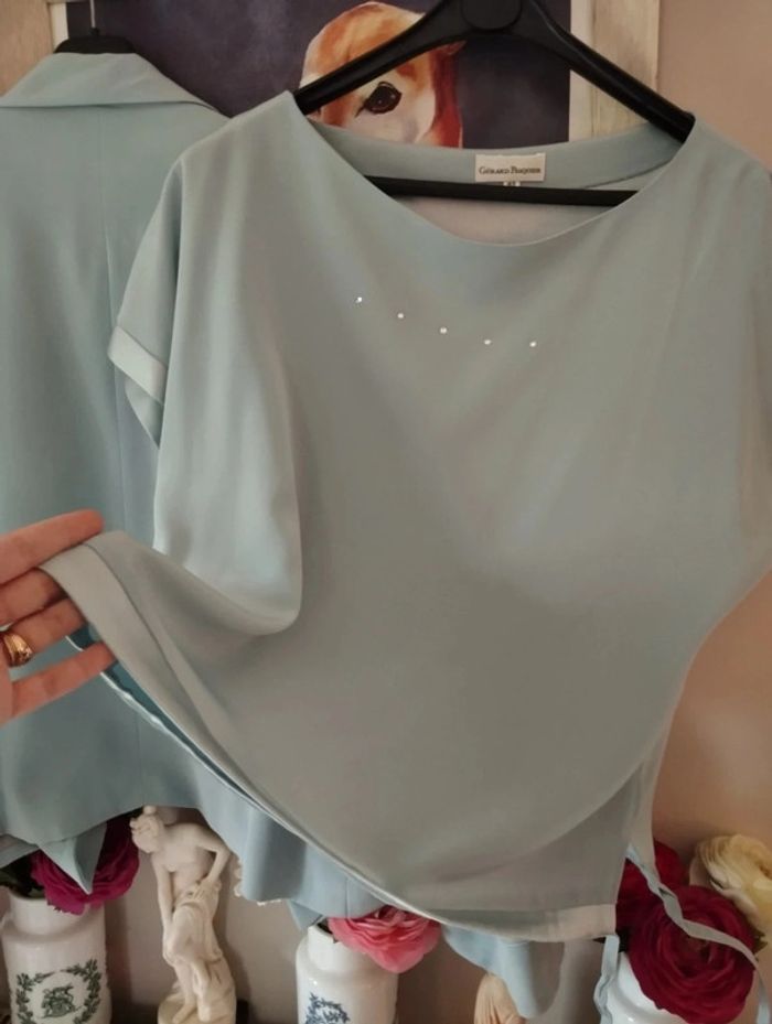 🌹 Ensemble Veste & Top Bleu Pastel Strass & Satin Gérard Pasquier T46/48 Un Petit Défaut🌹 - photo numéro 17