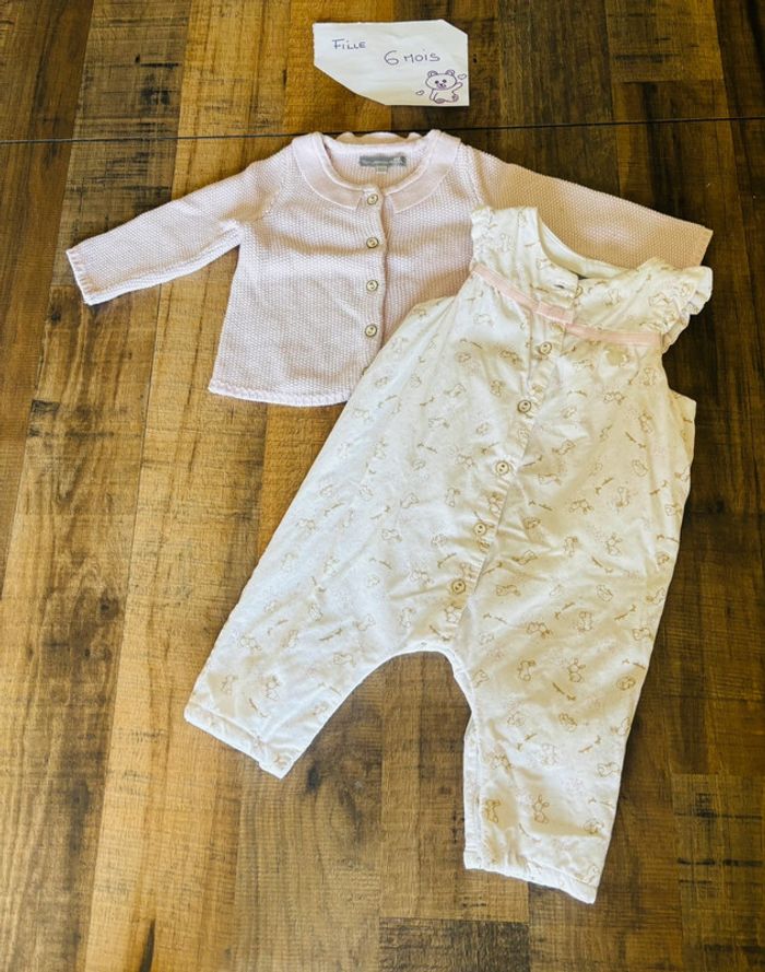 Ensemble combinaison gilet rose et blanc motif lapin Fille 6 mois
